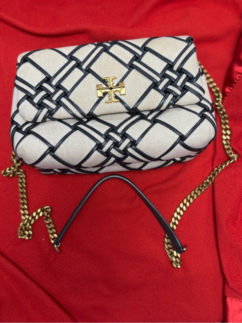 Tory Burch Cream Shoulder Bag with Black Woven Trim and Gold Hardware - Picture 9 of 13